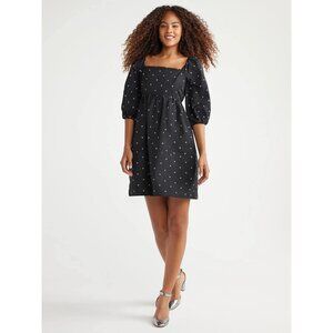 NWT Free Assembly Square Neck 3/4 Sleeve Dress, Blk/Wht Print LRG Recycled! $34